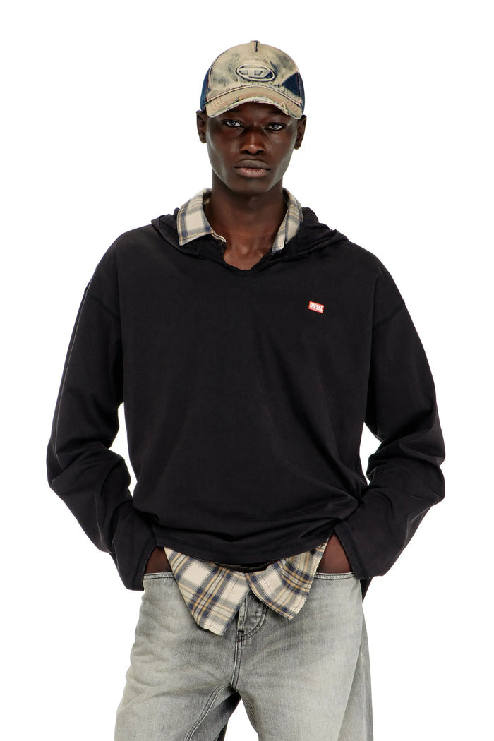 Long-sleeve T-shirt with flannel hood