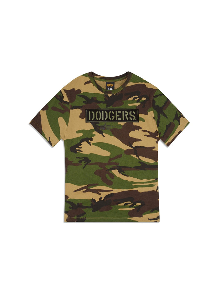 Los Angeles Dodgers X Alpha Industries MA-1 New Era T-Shirt, short-sleeved camo with black twill applique Dodgers logo on chest.