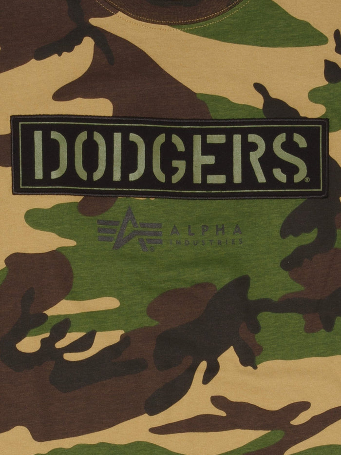 Los Angeles Dodgers X Alpha T-Shirt by Alpha Industries featuring camo pattern, black patch with white Dodgers text, Alpha Industries branding below, and twill applique details.