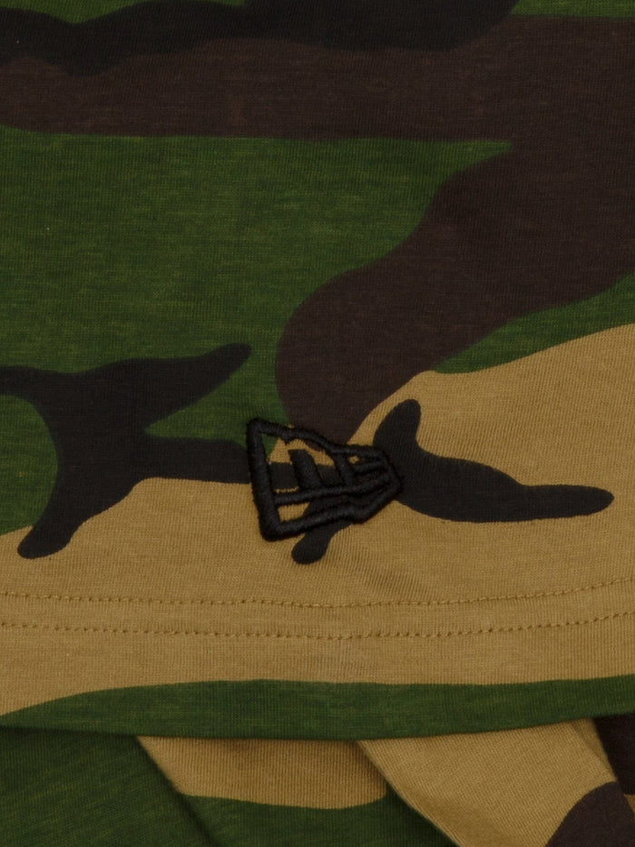 Los Angeles Dodgers X Alpha Industries MA-1 T-Shirt, green, brown, and tan camo fabric with black embroidered cap logo and twill applique.