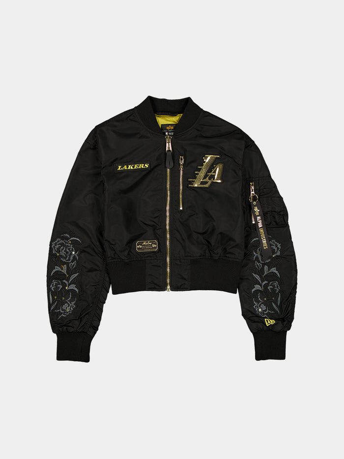 LOS ANGELES LAKERS X ALPHA X NEW ERA L-2B CROPPED BOMBER JACKET WOMENS OUTERWEAR Alpha Industries BLACK/GOLD XS