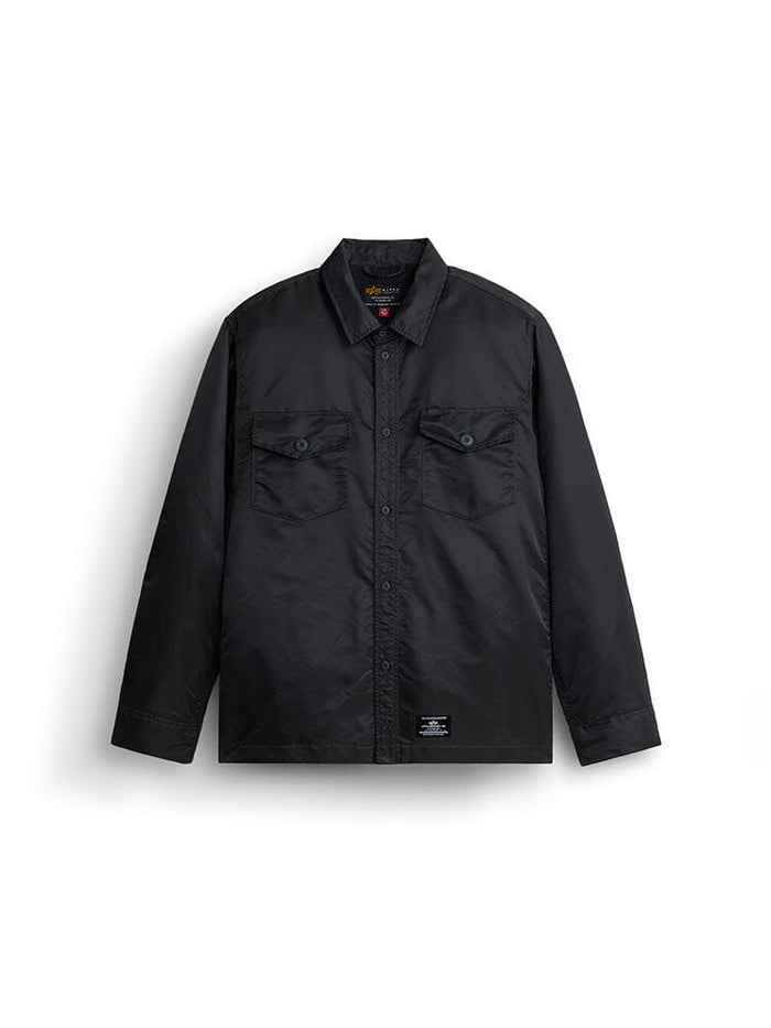 Alpha Industries LS Flight Overshirt in Charcoal, nylon, long-sleeve button-up, two chest pockets, collar.