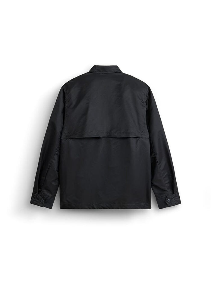Alpha Industries LS Flight Overshirt, black nylon, long sleeves, collar, buttoned cuffs, back vent.