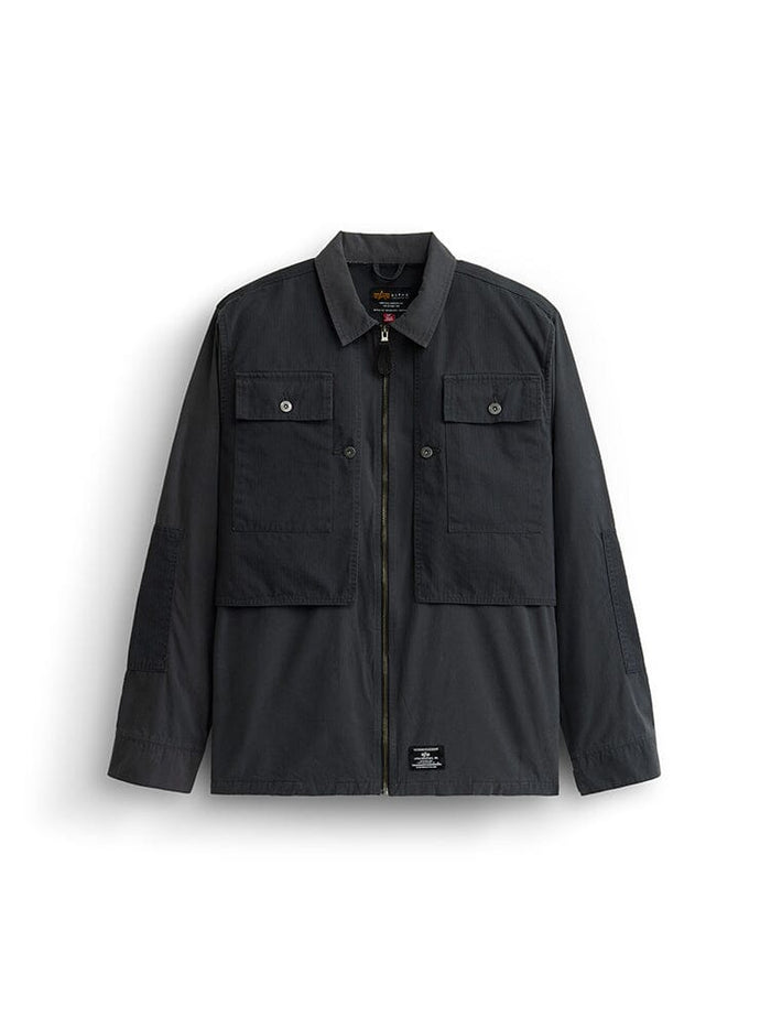 Alpha Industries LS P-44 Overshirt, charcoal, long sleeves, front zipper, USMC P-44–inspired outer pockets, two buttoned chest flap pockets, small label near hem.