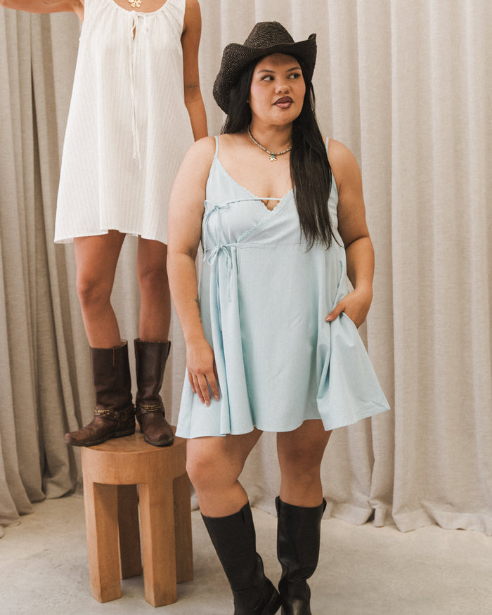 Lulu Wrap Dress in Pinstripe - Maternity Friendly Mini Dress - The Lullaby Club