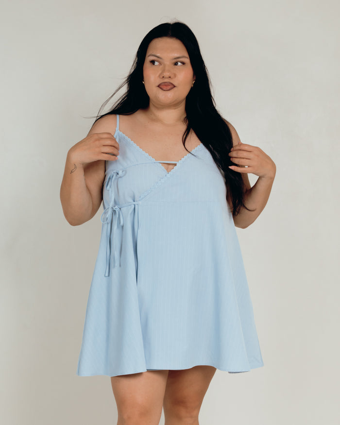 Lulu Wrap Mini Dress in Blue Pinstripe - Breastfeeding Friendly Mini Dress - The Lullaby Club