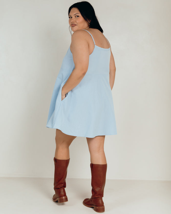 Lulu Wrap Dress in Blue Pinstripe - Oversized Wrap Mini Dress - The Lullaby Club