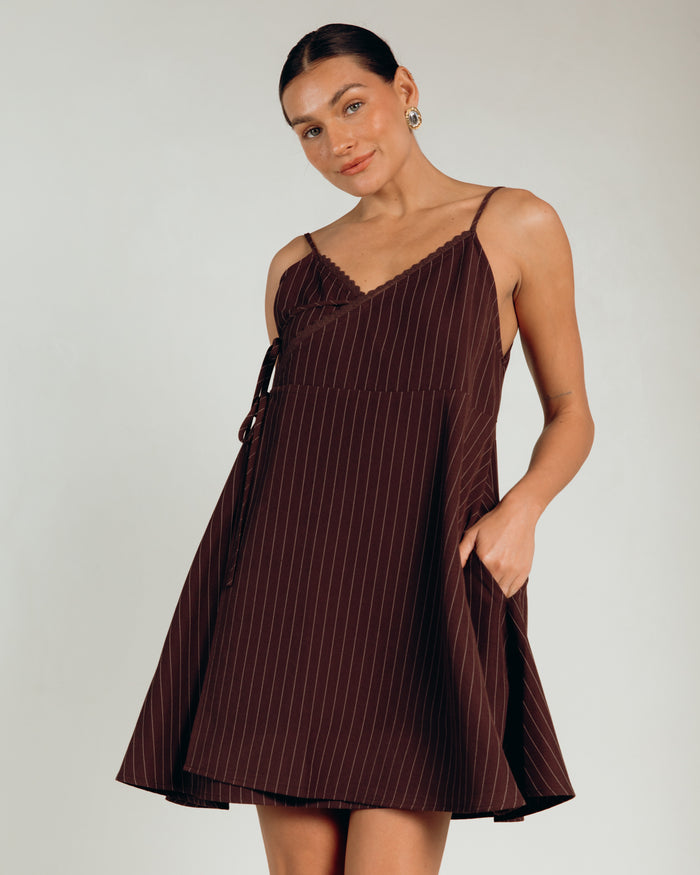 Lulu Wrap Mini Dress in Chocolate Pinstripe - Functional Side Pockets - The Lullaby Club