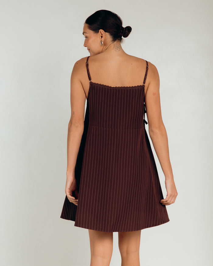 Lulu Wrap Mini Dress in Chocolate Pinstripe - Size Inclusive Mini Dress AU 6-26 - The Lullaby Club