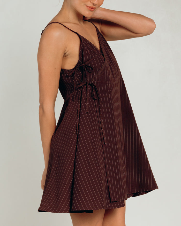 Lulu Wrap Mini Dress in Chocolate Pinstripe - Size Inclusive AU 6-26 - The Lullaby Club