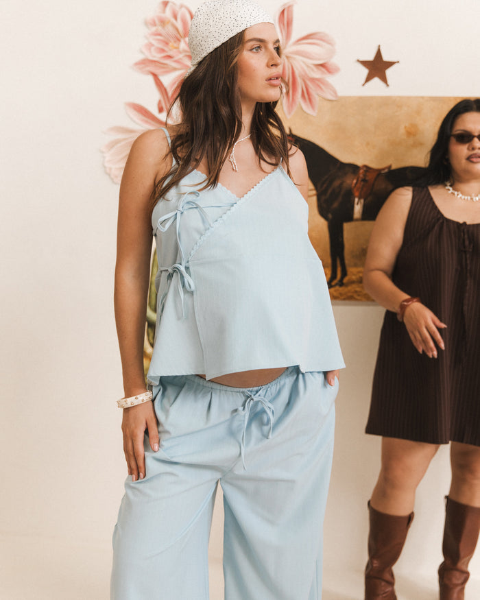 Lulu Wrap Top in Blue Pinstripe - Maternity & Postpartum Friendly Top - The Lullaby Club