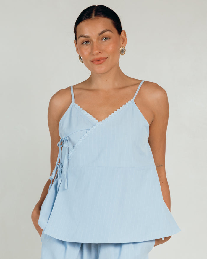 Lulu Wrap Top in Blue Pinstripe - Breastfeeding Friendly Ties - The Lullaby Club