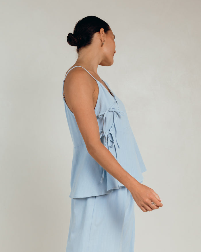 Lulu Wrap Top in Blue Pinstripe - Bump Friendly Maternity Wear - The Lullaby Club