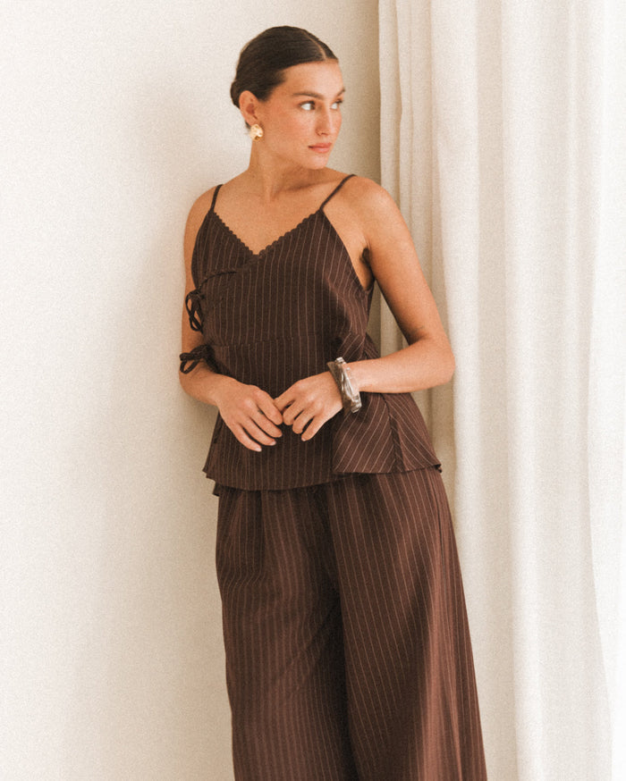Lulu Wrap Top in Chocolate Pinstripe - Breastfeeding Accessible Singlet Top - The Lullaby Club