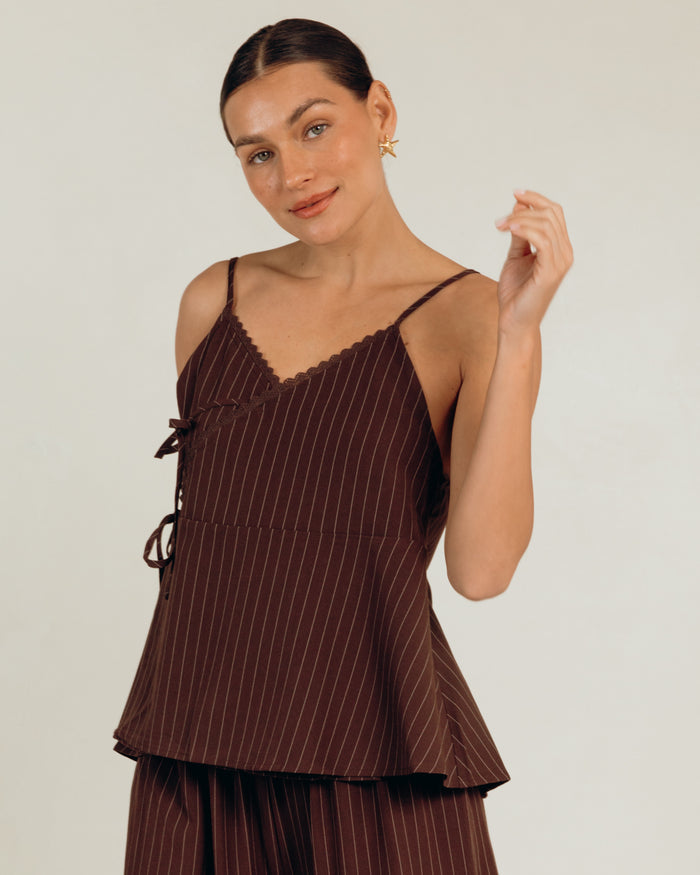 Lulu Wrap Top in Chocolate Pinstripe - Size Inclusive AU 6-26 - The Lullaby Club