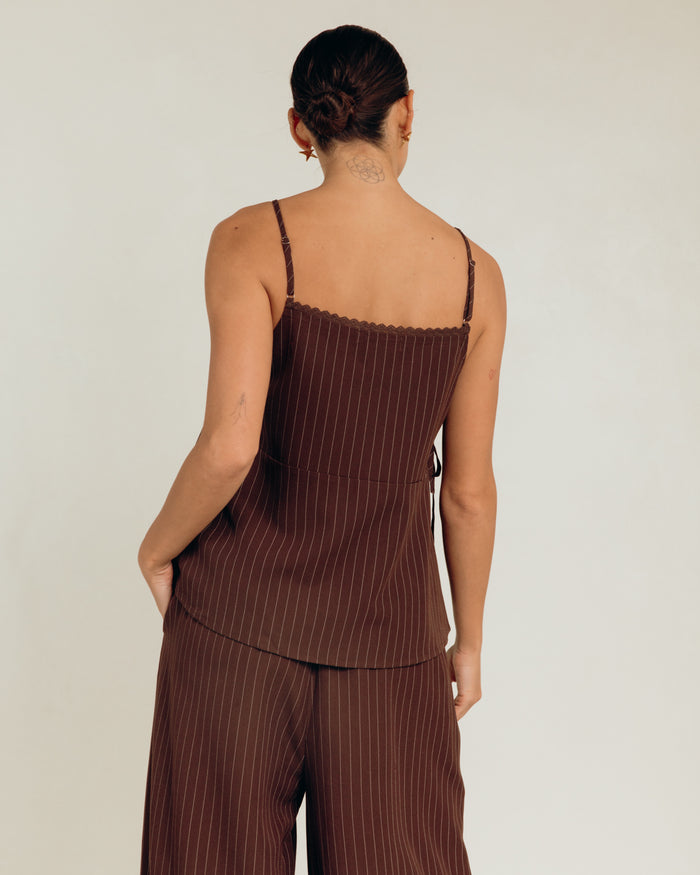 Lulu Wrap Top in Chocolate Pinstripe - Accessibility Friendly Fashion - The Lullaby Club