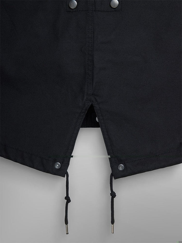 Alpha Industries M-59 Fishtail Mod Parka in black, split opening with snap buttons and dual drawstrings.