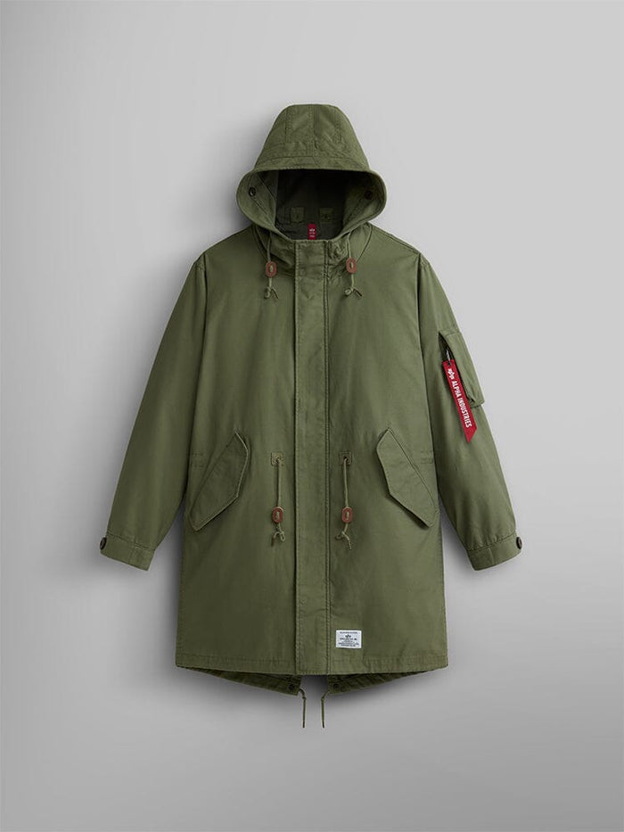 Alpha Industries M-59 Fishtail Mod Parka, M-65 Olive, quilted fishtail liner, front flap pockets, drawstring waist and hem, moldable wire hood, red tag on left arm.