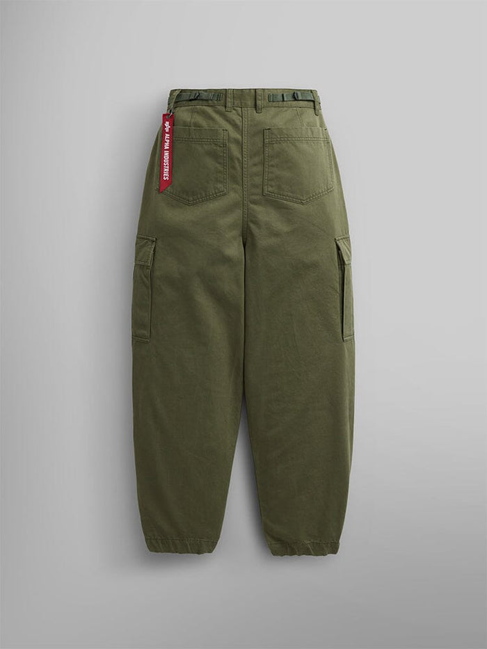 Alpha Industries M-65 Cargo Pant Womens in olive green with elastic cuffs, back patch pockets, side cargo pockets, and red tag.
