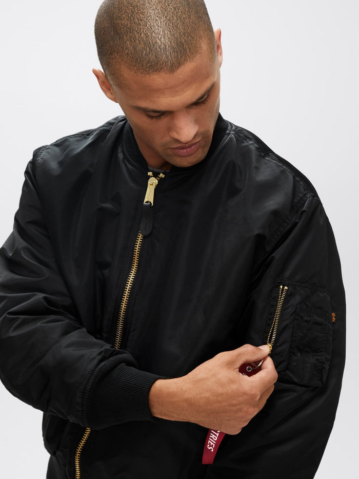Alpha Industries MA-1 Blood Chit Jacket with Gold Zippers and Sleeve Pocket.