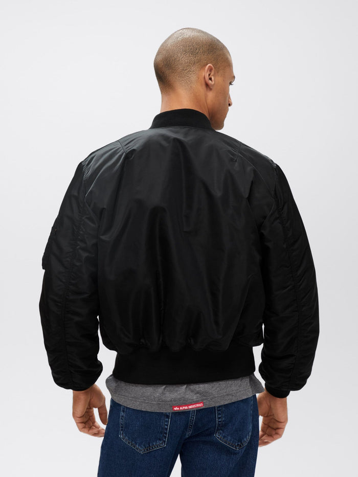 Alpha Industries MA-1 Blood Chit Jacket, Black, with Front Zipper Closure.