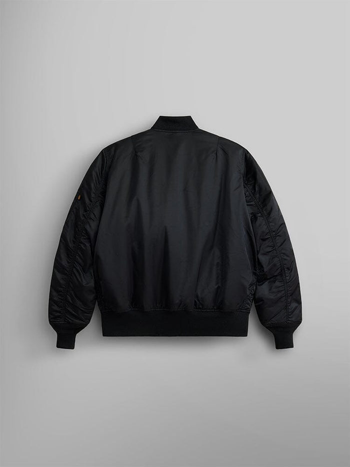 Alpha Industries MA-1 Bomber Jacket in black, shown from the back, features ribbed collar and cuffs.
