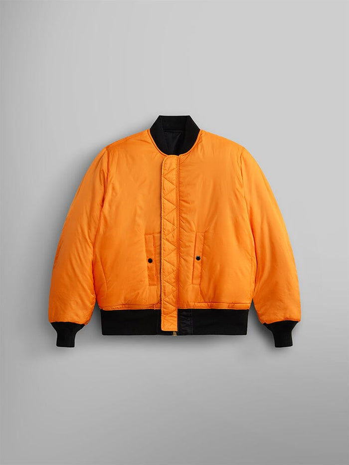 Alpha Industries MA-1 Bomber Jacket in bright orange with black collar, cuffs, hem, snap buttons, and two front pockets.