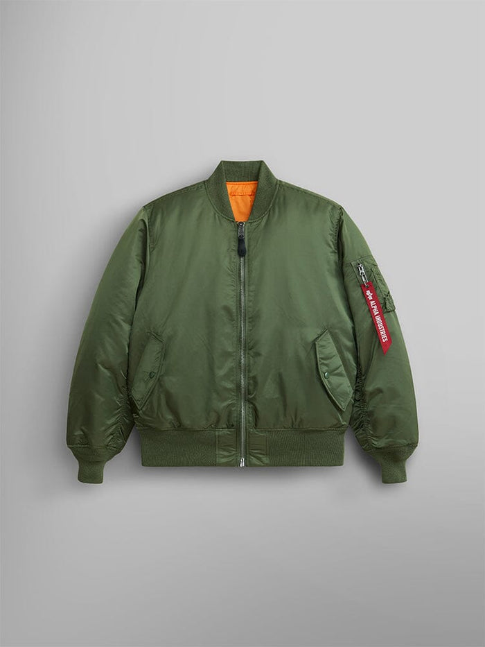 Alpha Industries MA-1 bomber jacket in sage flight nylon with front zipper, ribbed cuffs and hem, orange lining, sleeve zip pocket.