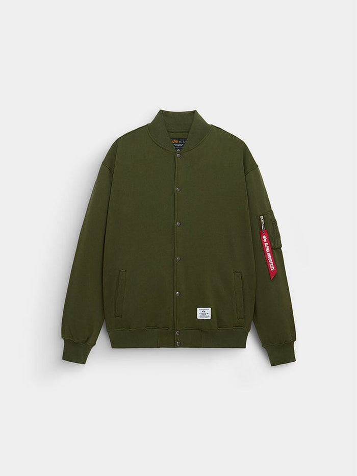 Alpha Industries MA-1 Fleece Jacket in Og-107 Green with front snap closure, two side pockets, ribbed cuffs and hem, red sleeve tag.