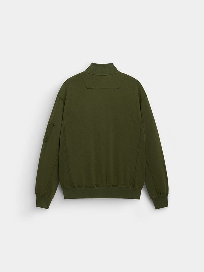 Alpha Industries MA-1 Fleece Jacket in olive green with ribbed cuffs, waistband, collar, and a zip pocket on the left sleeve.
