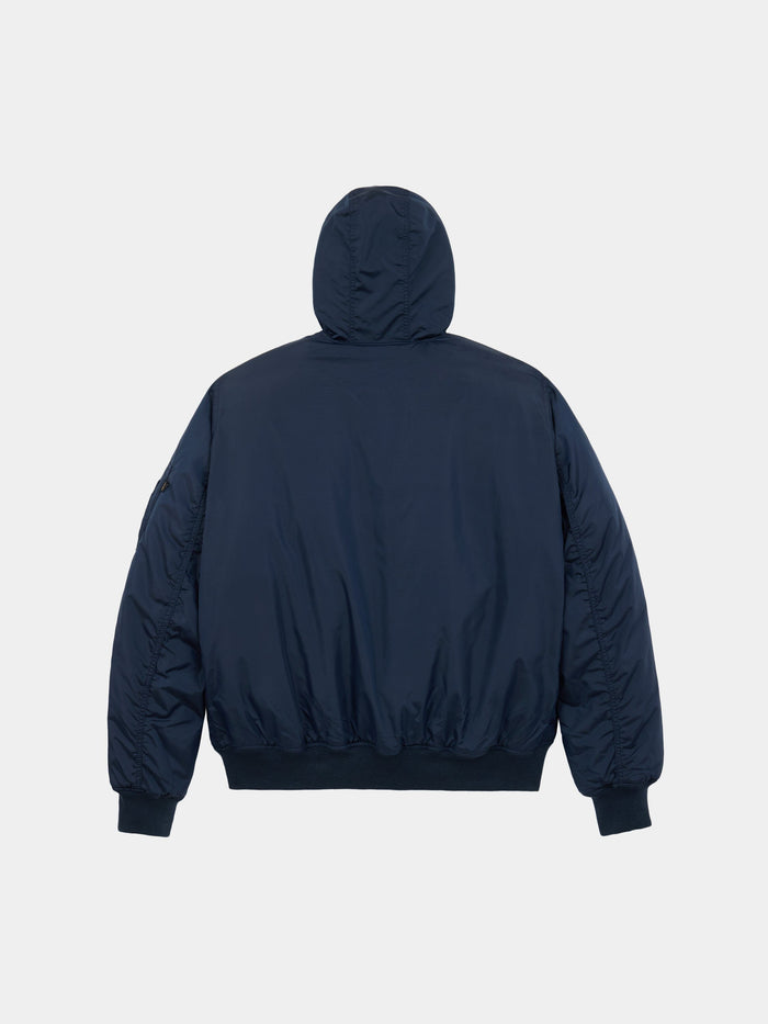 Alpha Industries MA-1 Hooded Oxford Flight Jacket in navy with hood.