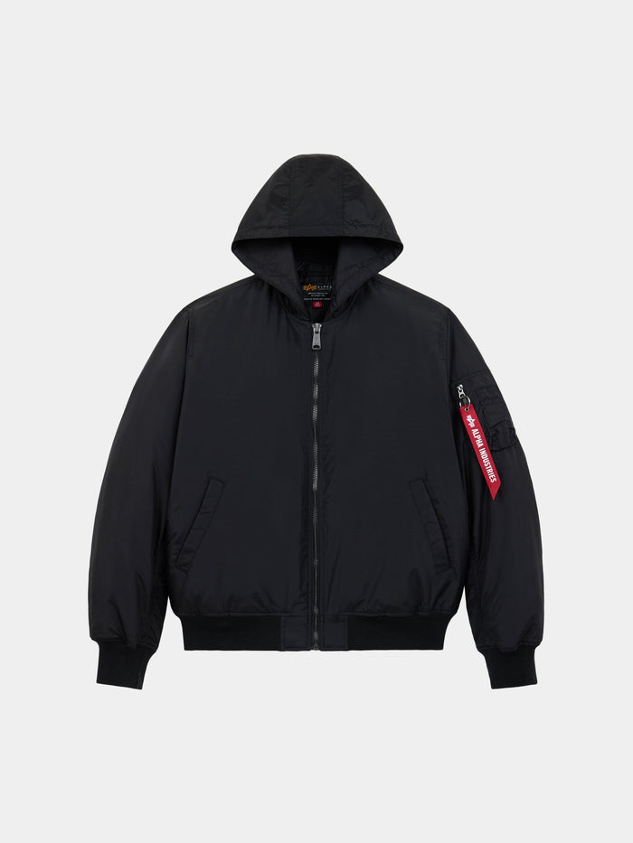 Alpha Industries MA-1 Hooded Oxford Flight Jacket in black with front zipper, two side pockets, ribbed cuffs and hem, red tag on sleeve.