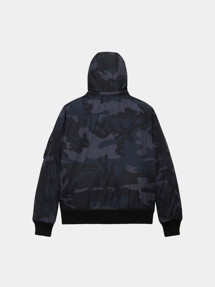 Alpha Industries Hooded Rib Flight Jacket in black and dark gray camo with ribbed cuffs, hem, and utility sleeve pocket.