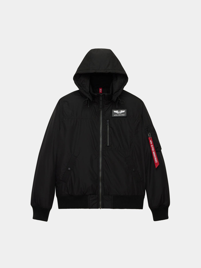 Alpha Industries Hooded Rib Flight Jacket in black with front zipper, chest and sleeve pocket, ribbed cuffs and hem, red tag on sleeve.