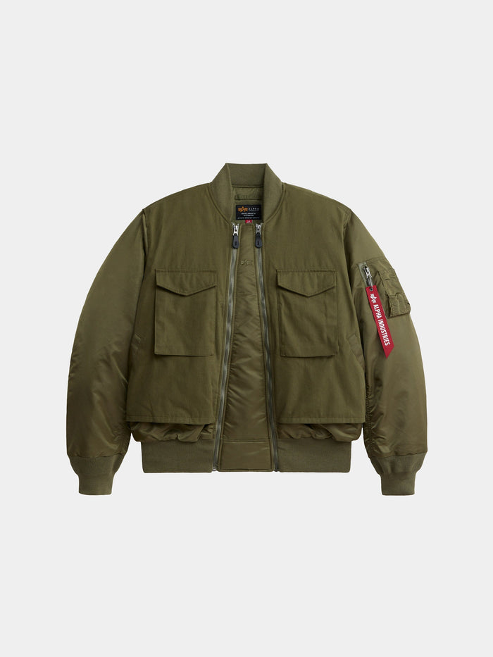 Alpha Industries MA-1 Mixed Cotton Flight Jacket in Og-107 Green with two front flap pockets, zip closure, ribbed cuffs and hem, red tag on sleeve zipper.
