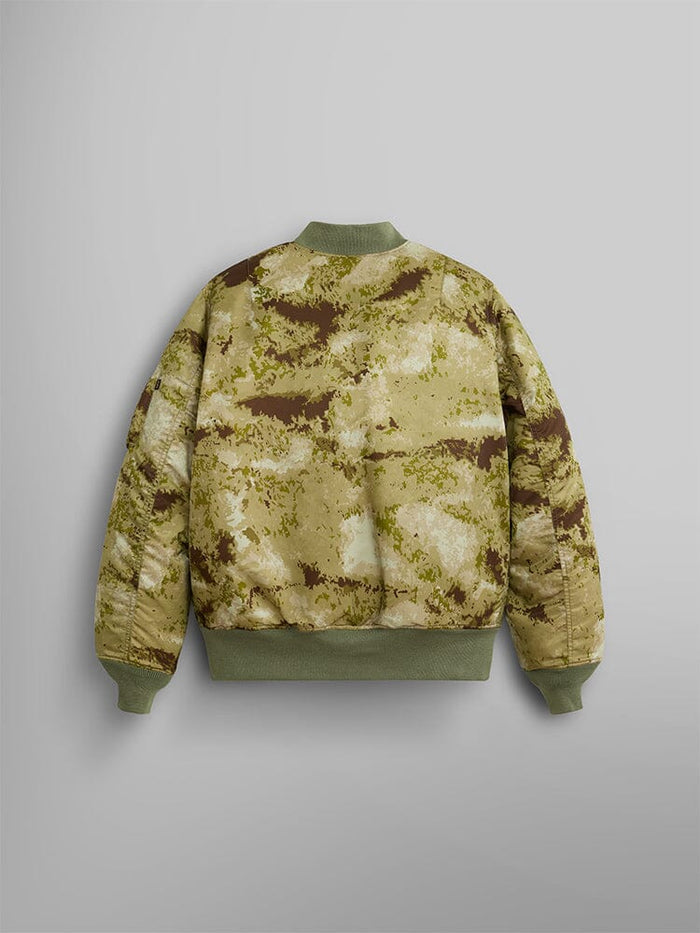Alpha Industries MA-1 Mod Bomber Jacket, camouflage design, green ribbed cuffs, waistband, collar.