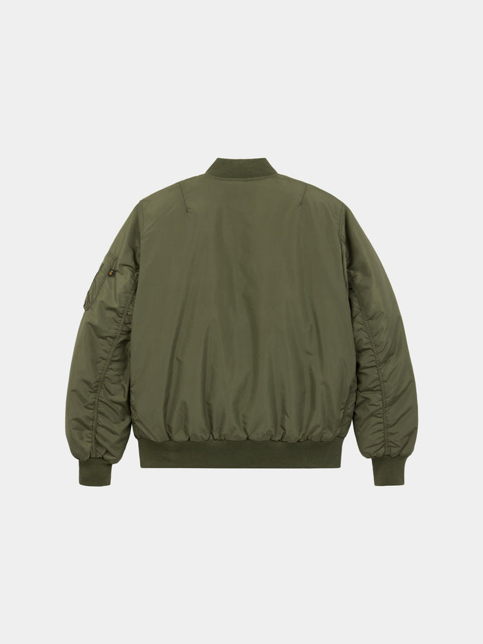 Alpha Industries MA-1 Oxford Flight Jacket in olive green with ribbed cuffs, waistband, collar, and left arm sleeve pocket.