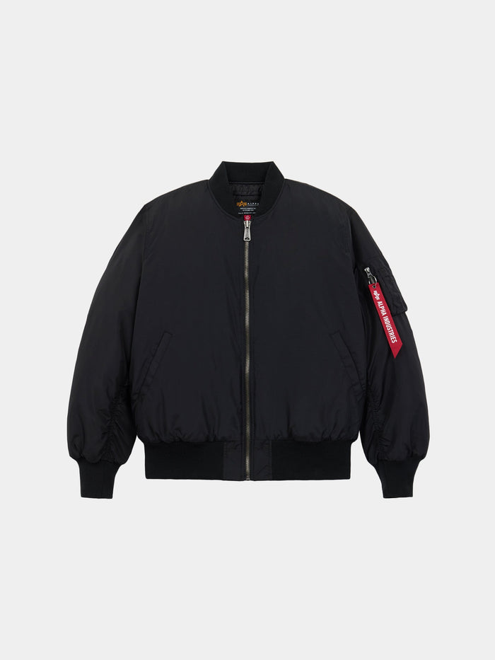 Black MA-1 Oxford Flight Jacket by Alpha Industries with front zipper, ribbed cuffs and hem, two side pockets, red sleeve tag.