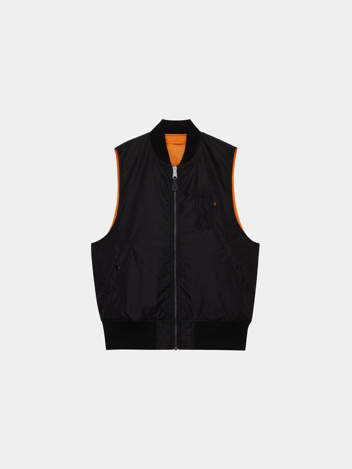 Alpha Industries MA-1 Oxford Vest in black, sleeveless, ribbed collar and hem, orange lining, front pockets, visible stitching, oxford nylon.