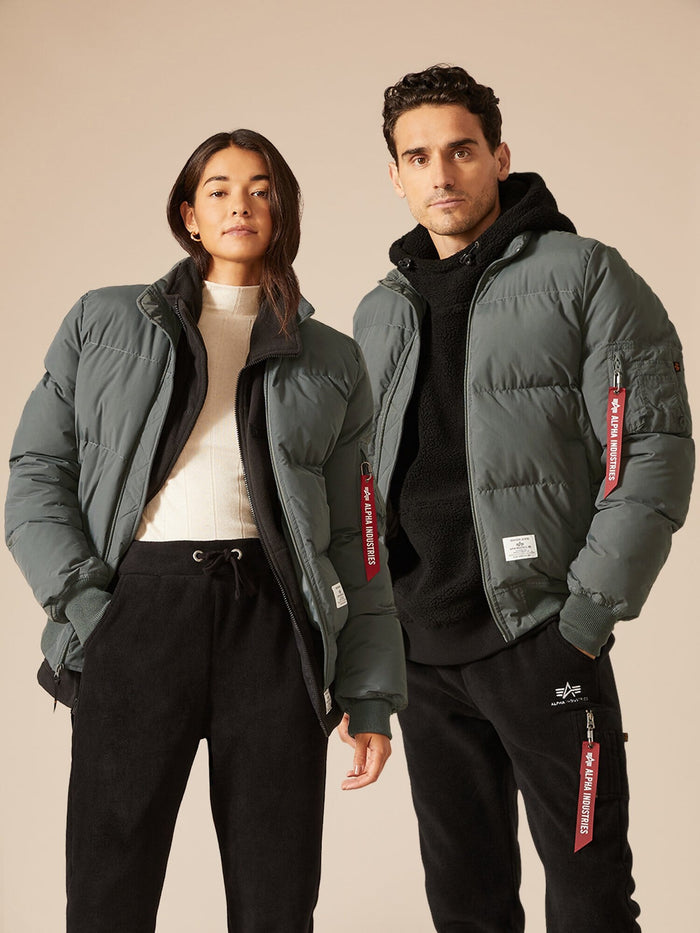 Alpha Industries MA-1 Quilted Bomber Jacket, green, red zipper tag, water-resistant.