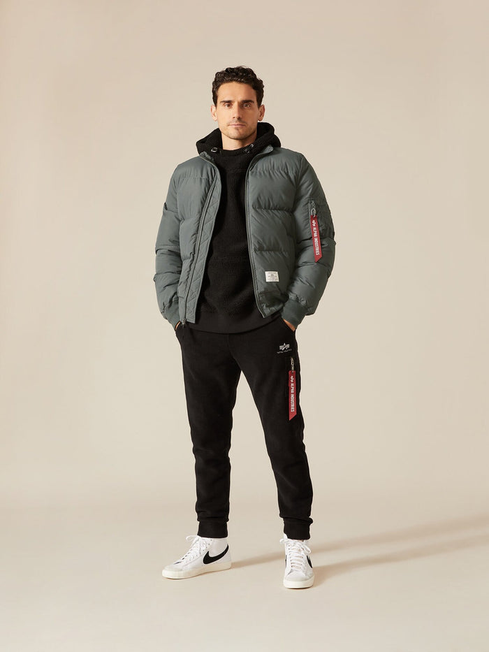 Alpha Industries MA-1 Quilted Bomber Jacket, green, quilted design, zip closure.