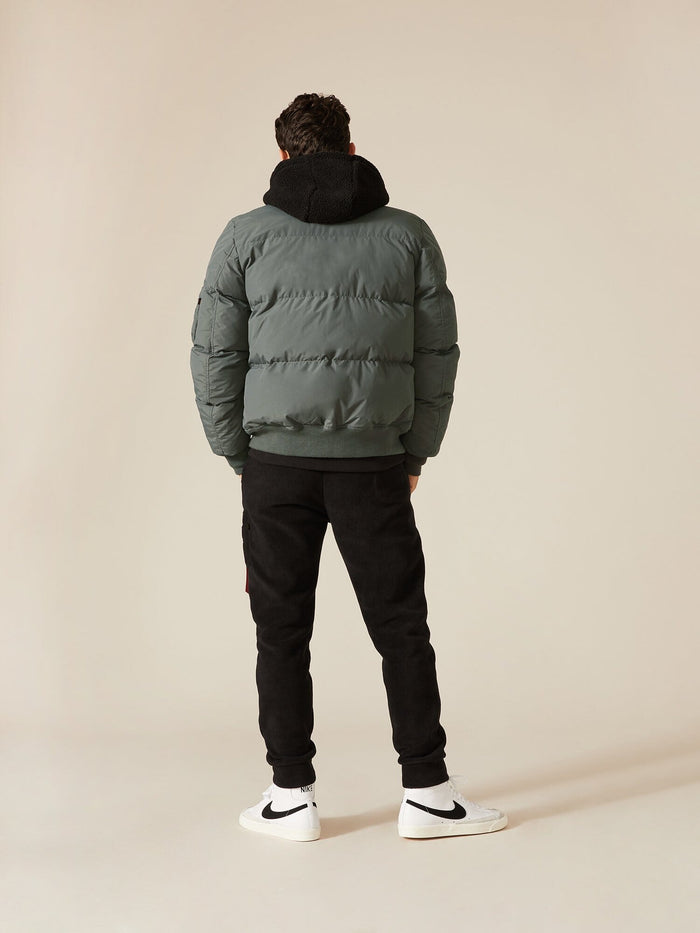 Alpha Industries MA-1 Quilted Bomber Jacket, gray, quilted design, bomber style, zip closure.
