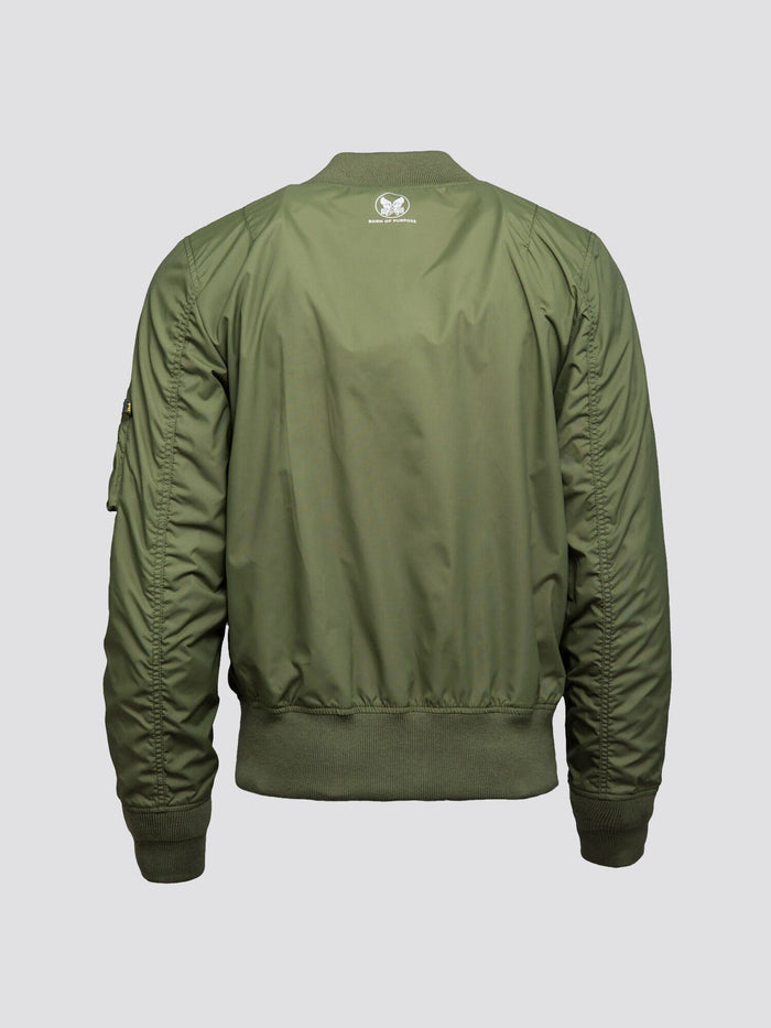 Alpha Industries MA-1 Skymaster Bomber Jacket, olive green, ribbed cuffs, waistband, collar, small white logo on upper back.