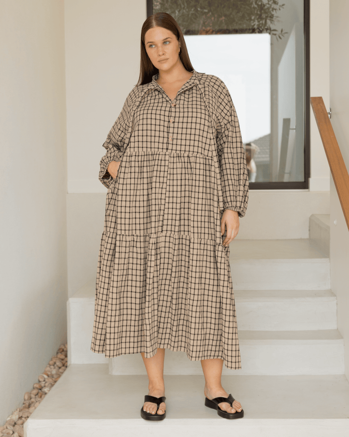 Maxi Avalon Smock Dress | Neutral Gingham