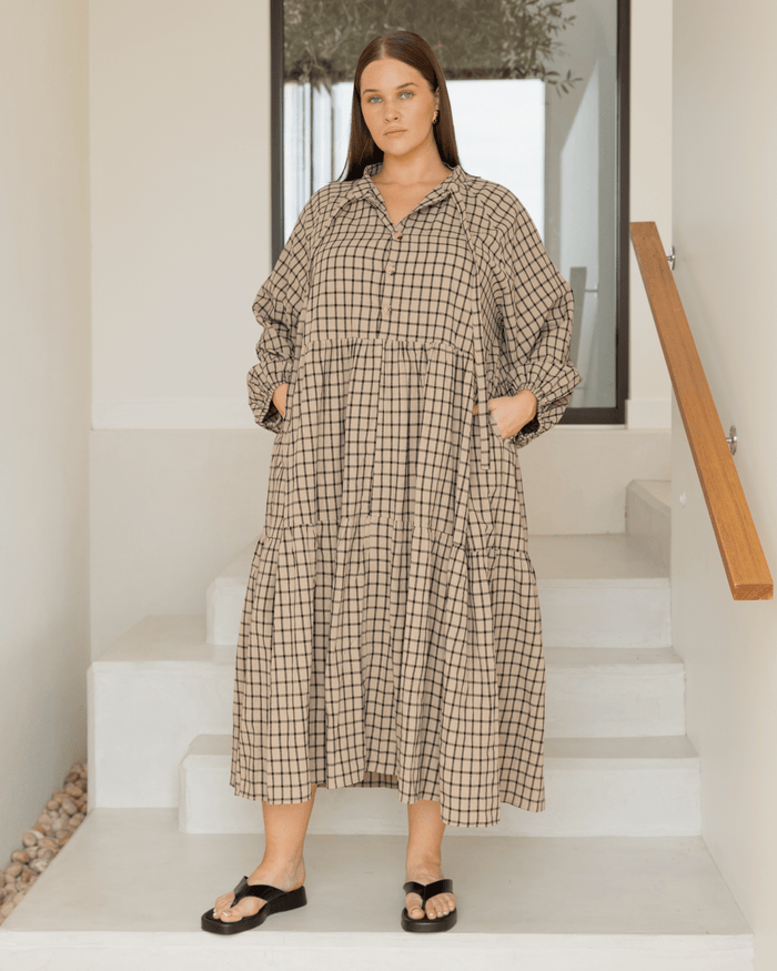 Maxi Avalon Smock Dress | Neutral Gingham