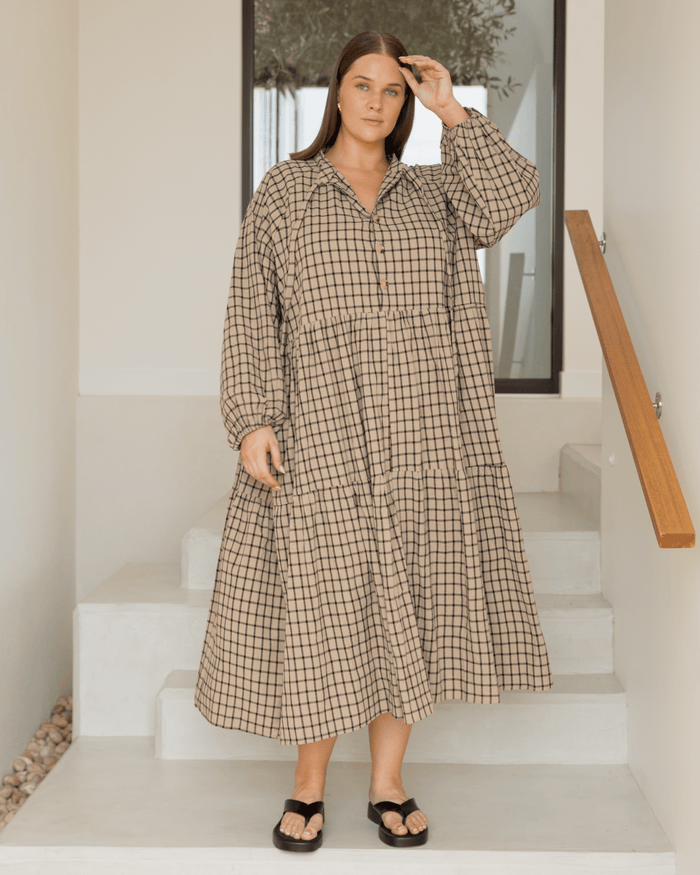 Maxi Avalon Smock Dress | Neutral Gingham