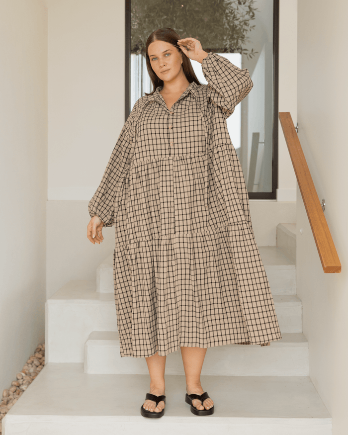 Maxi Avalon Smock Dress | Neutral Gingham