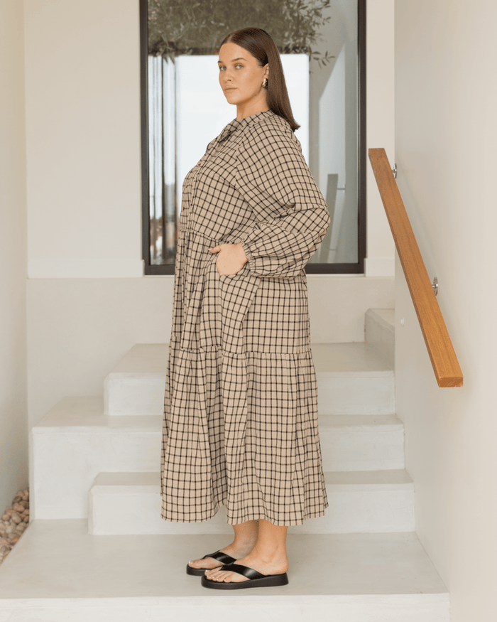 Maxi Avalon Smock Dress | Neutral Gingham