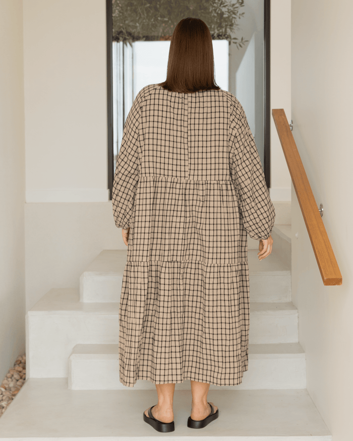 Maxi Avalon Smock Dress | Neutral Gingham