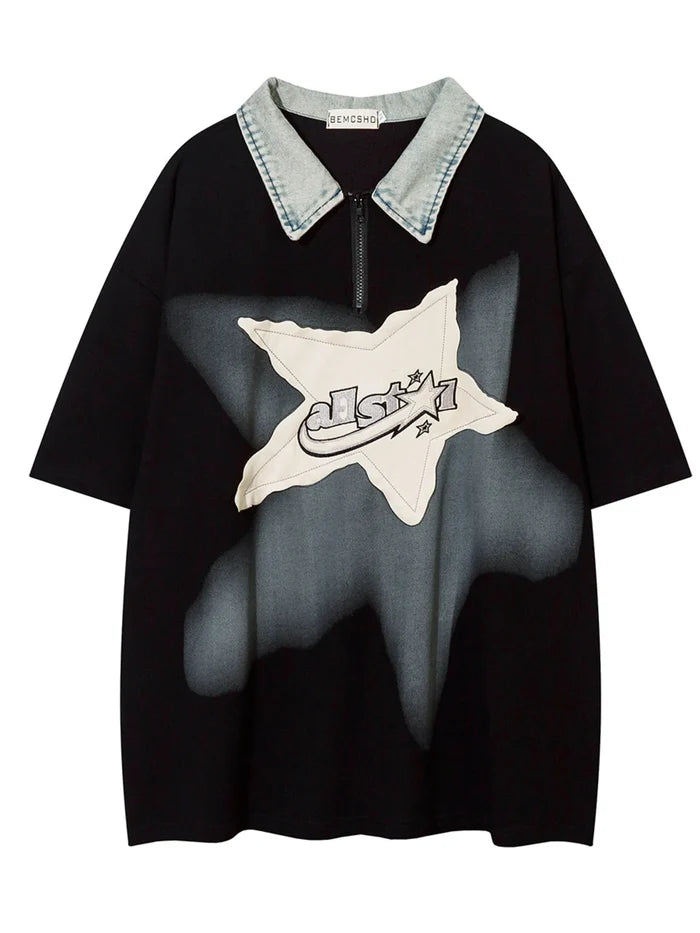 Men's Denim Collar Star Patch Short Sleeve Polo
